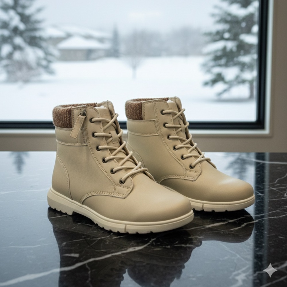 Burudani Beige Faux Leather Ankle Boots with Fur Lining and Side Zipper. Fast 📦